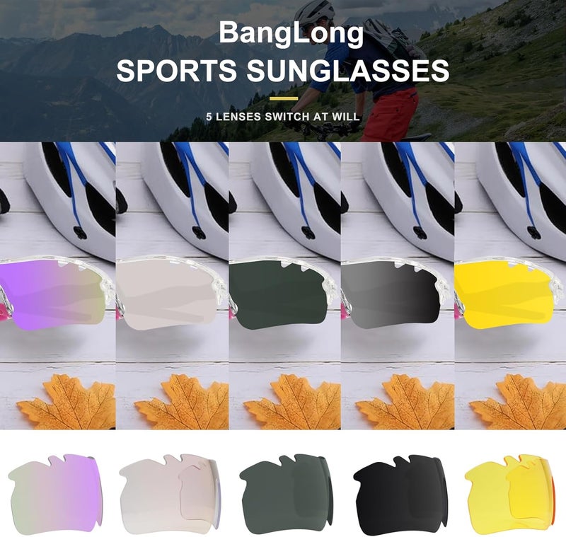 BangLong Polarized Sports Sunglasses Cycling Sun Glasses for Men Women with 5 Interchangeable Lenes for Running Baseball Golf - Image 2